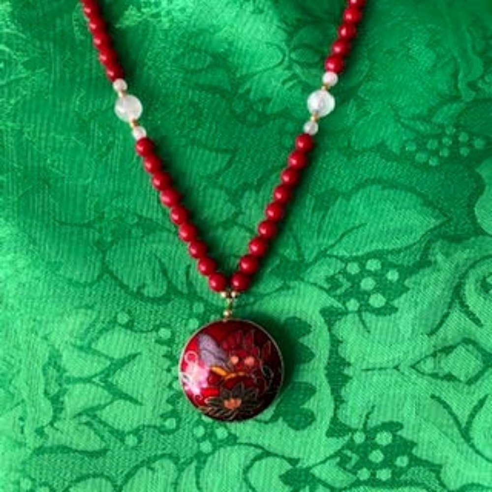Cloisonné Pendant Red Agate Quartz 24" Necklace